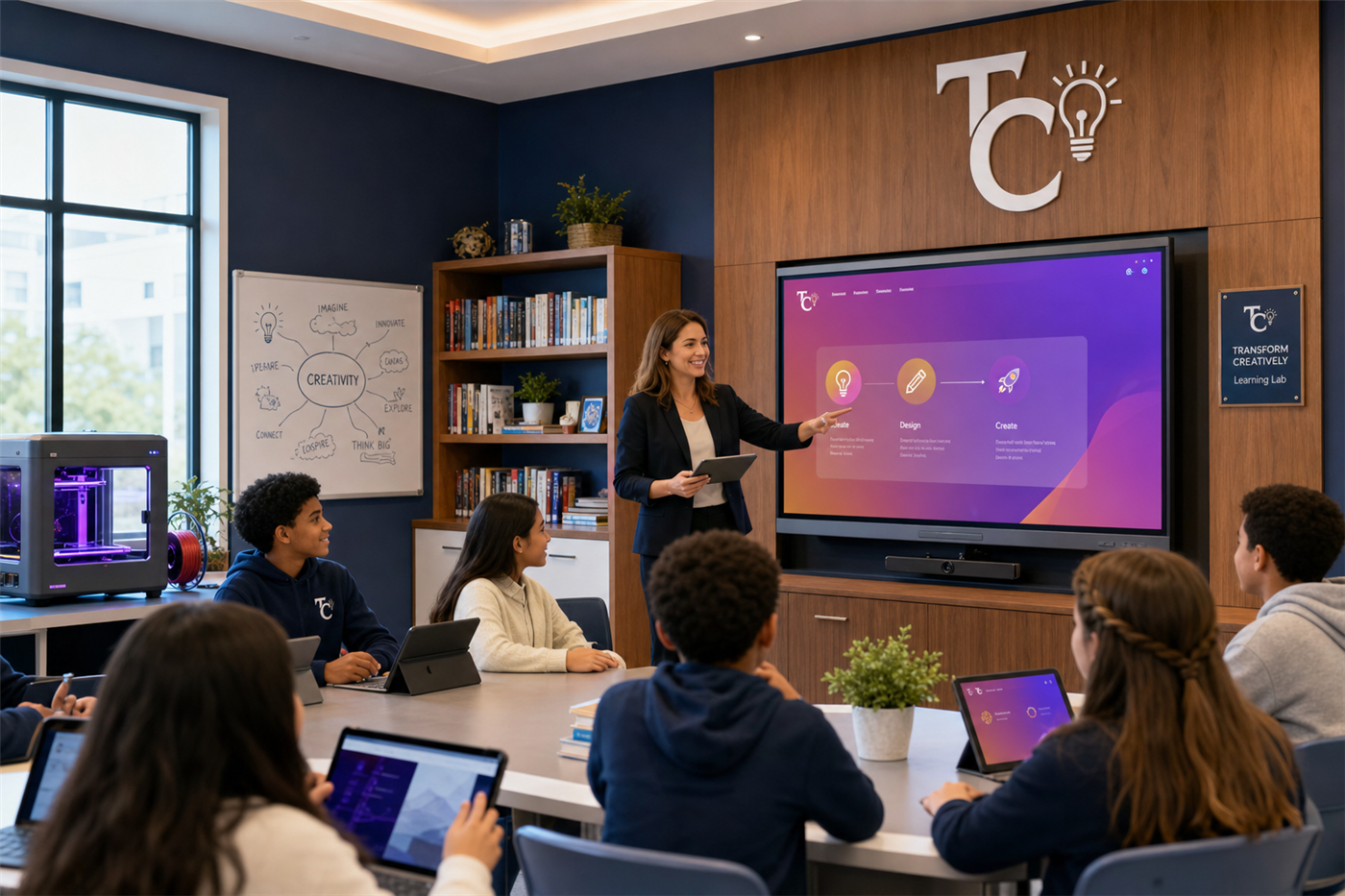 Educators and students collaborating with technology in a learning lab